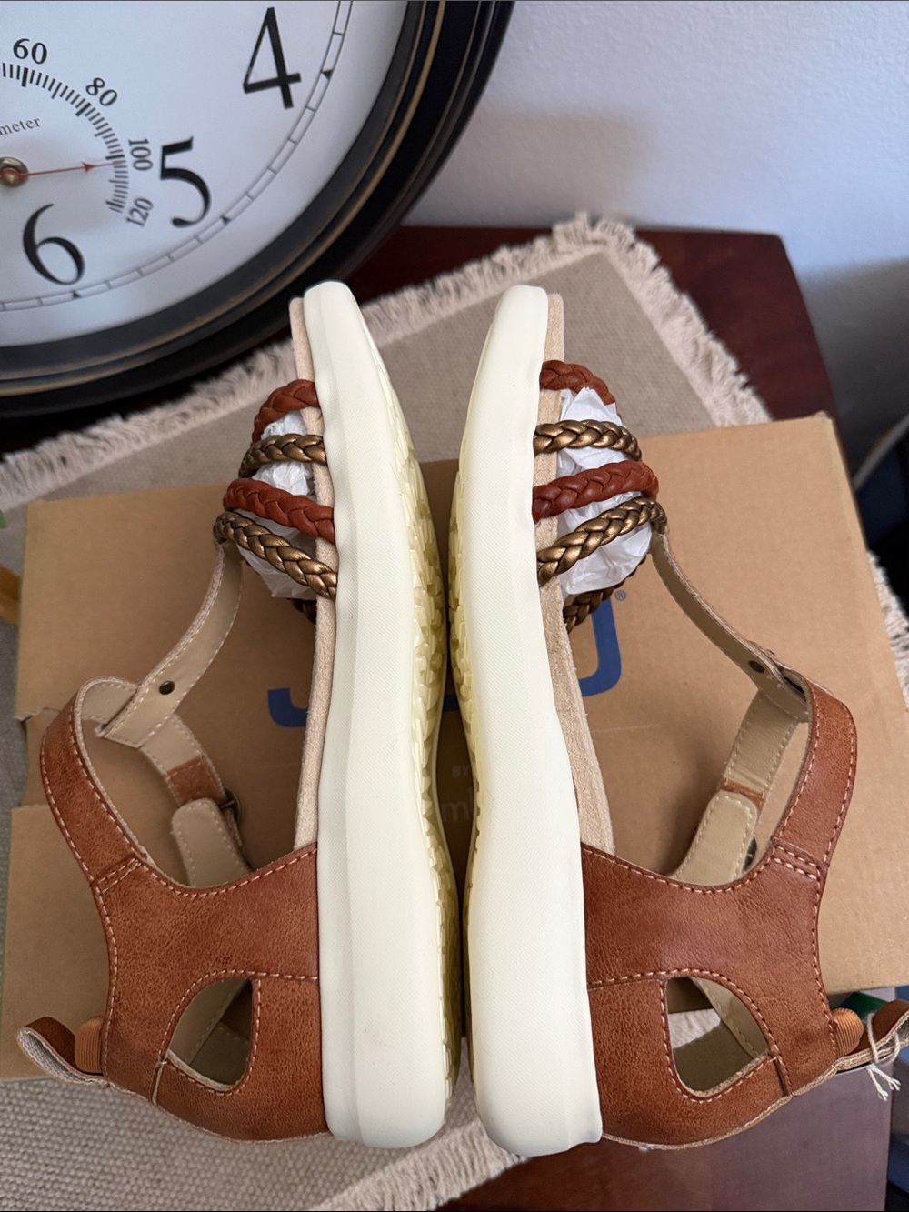 JBU Women's Brown Braided T-Strap Sandals with White Sole - Picture 7 of 13